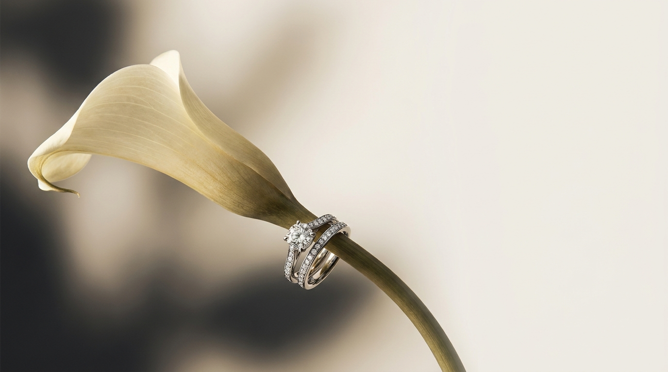 A diamond solitaire and pavé band resting on a pale ivory calla lily