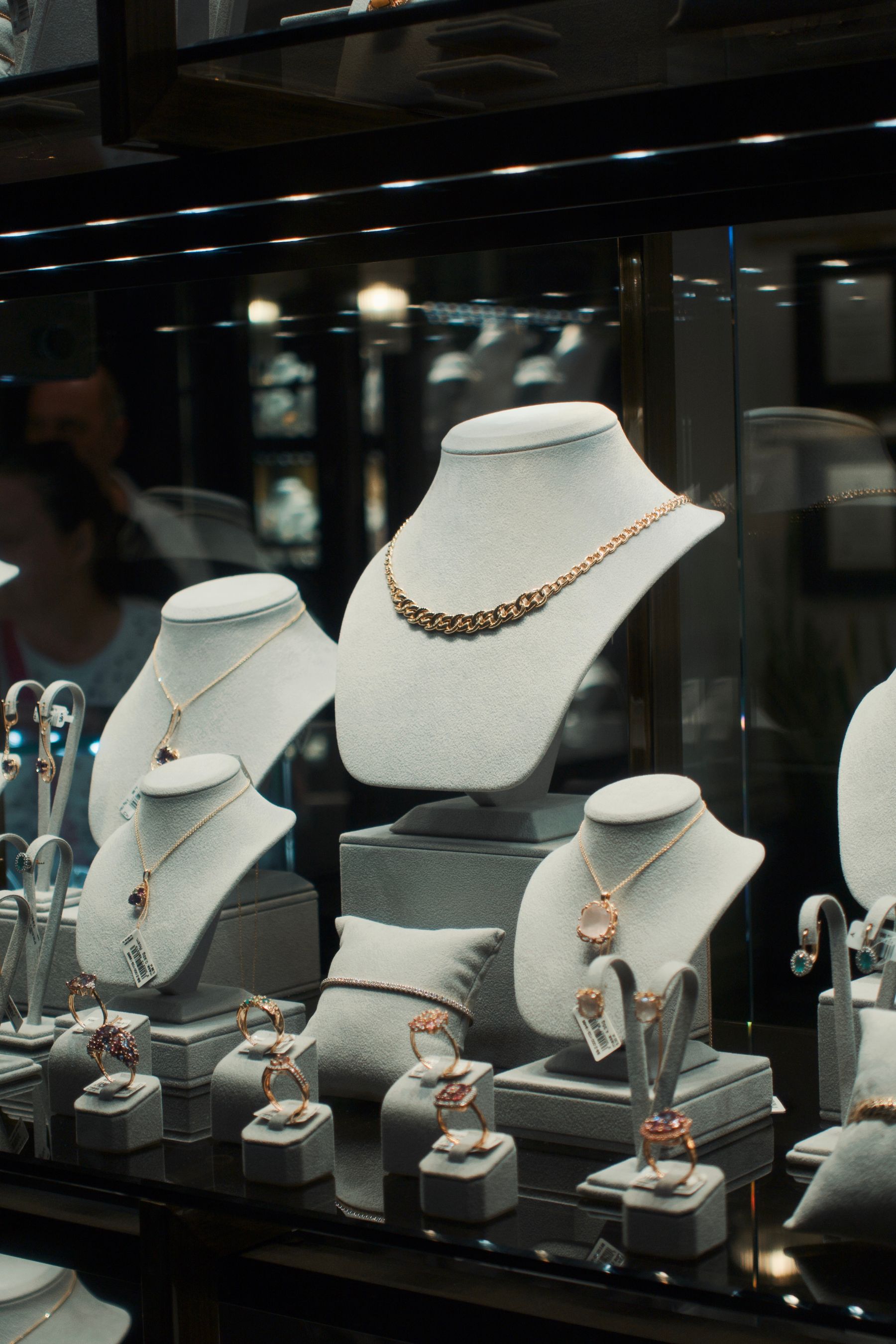 Jewellery displayed in the boutique showcase